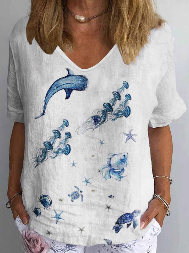 Women's Vintage Underwater Art Print Casual Cotton Linen Round Neck Top