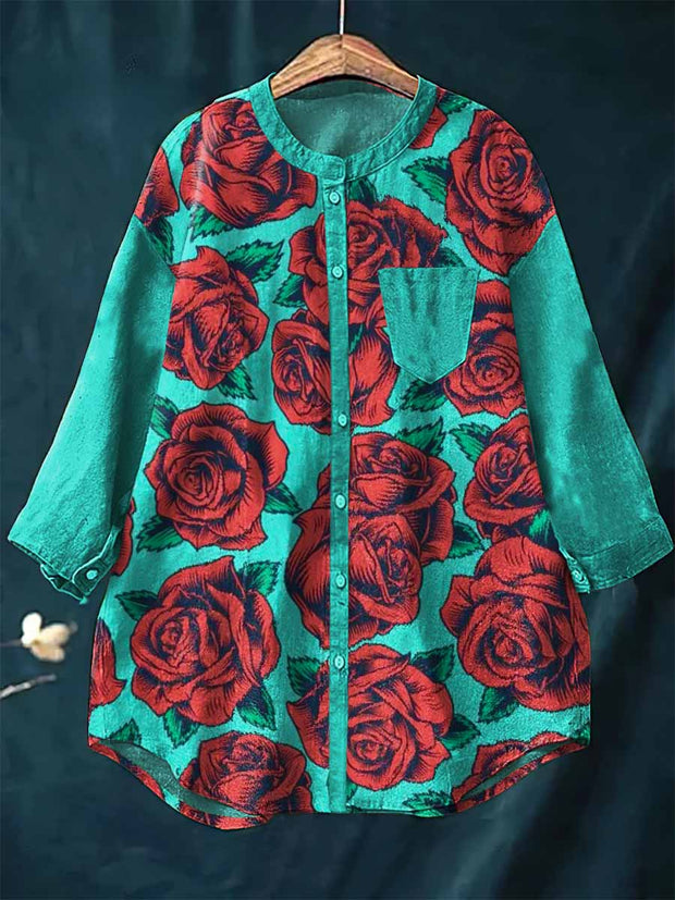 Women's Vintage Rose Art Print Casual Cotton Linen Round Neck Top