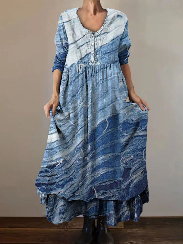 Vintage V-neck Classic Abstract Gradient Print Elegant Chic Loose Midi Dress