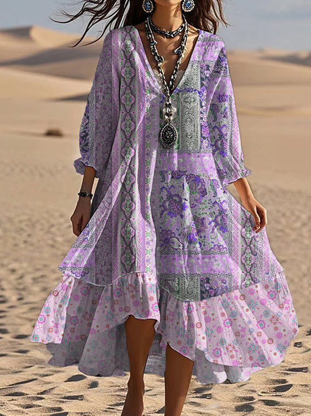 Vintage V-neck Bohemian Floral Print Elegant Chic Loose Midi Dress