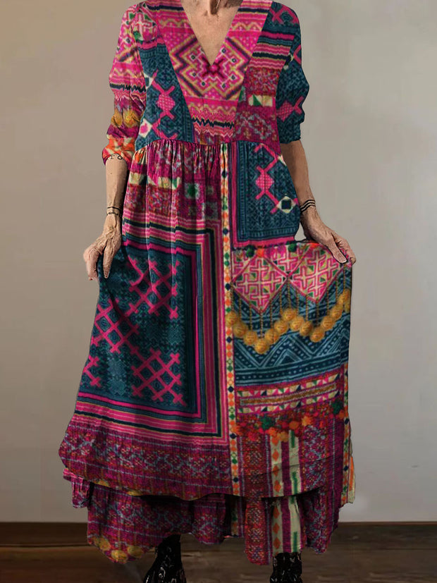 Women`s Classic Boho Print Cotton and Linen V-neck Midi Dress