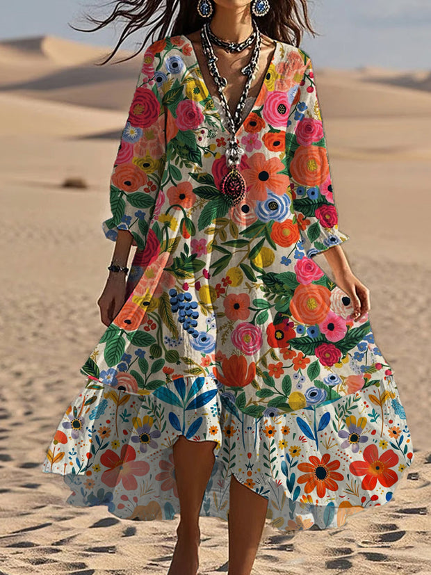 Vintage V-neck Bohemian Floral Print Elegant Chic Loose Midi Dress