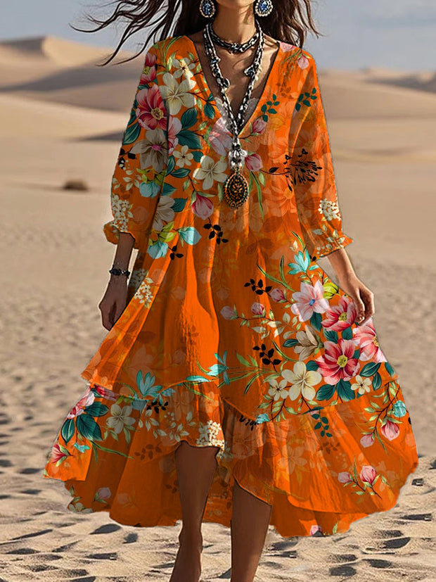 Vintage V-neck Bohemian Floral Print Elegant Chic Loose Midi Dress