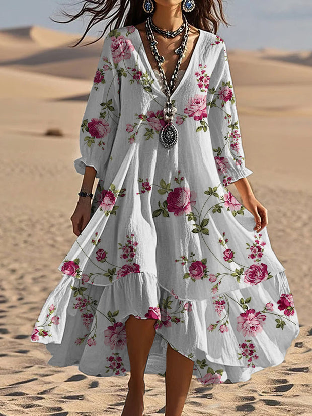 Vintage V-neck Bohemian Floral Print Elegant Chic Loose Midi Dress