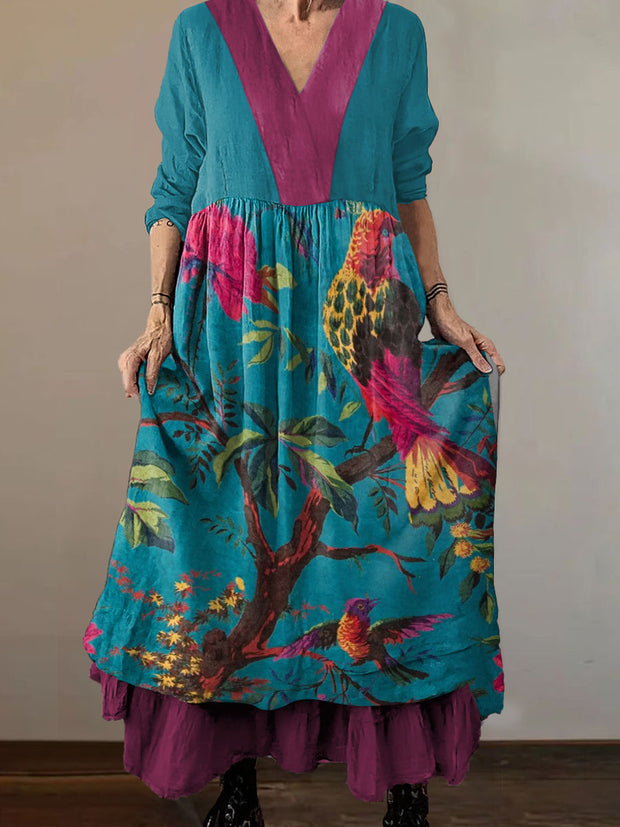 Women`s Classic Hippie Bird Print Cotton and Linen V-neck Midi Dress