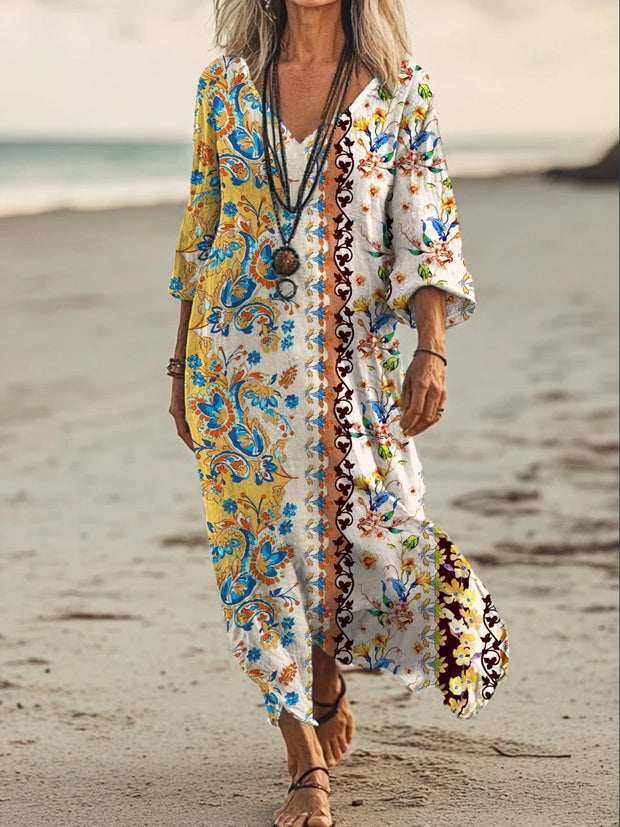 Vintage V-neck Bohemian Floral Print Elegant Chic Loose Midi Dress