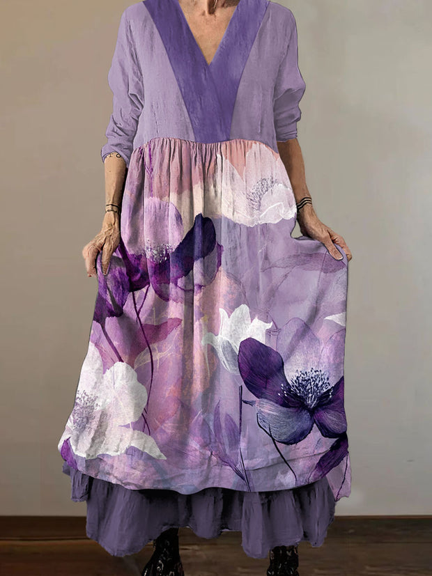 Women`s Classic Hippie Floral Print Cotton and Linen V-neck Midi Dress