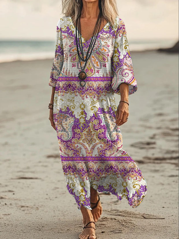 Vintage V-neck Bohemian Floral Print Elegant Chic Loose Midi Dress