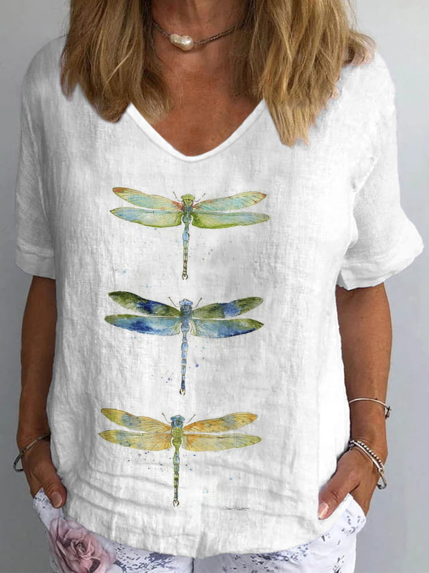 Women's Drgonfly Print Retro Cotton Linen V-Neck T-Shirt