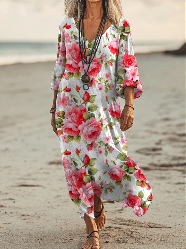 Vintage V-neck Bohemian Floral Print Elegant Chic Loose Midi Dress