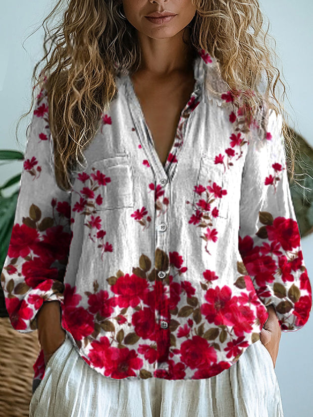 Women's Vintage Floral Art Print V-Neck Casual Cotton and Linen Shirt Top