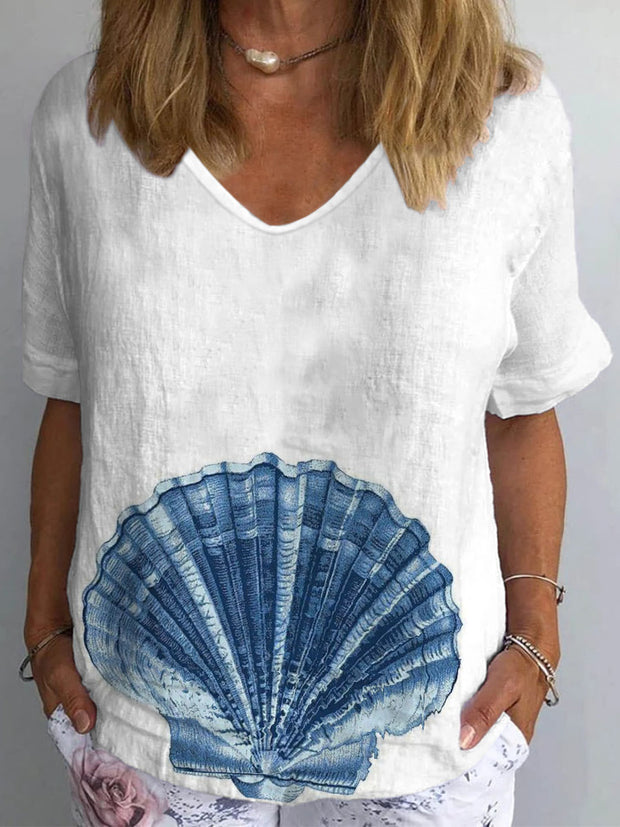 Women's Scallop Print Retro Cotton Linen V-Neck T-Shirt