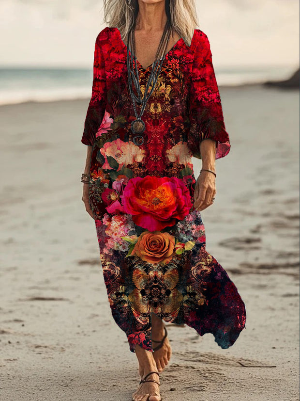 Vintage V-neck Bohemian Floral Print Elegant Chic Loose Midi Dress