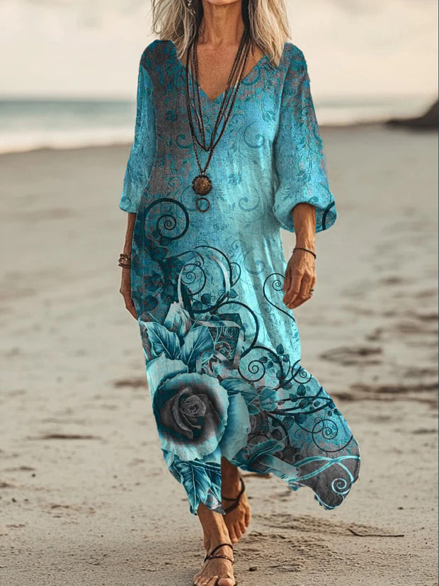 Vintage V-neck Bohemian Floral Print Elegant Chic Loose Midi Dress