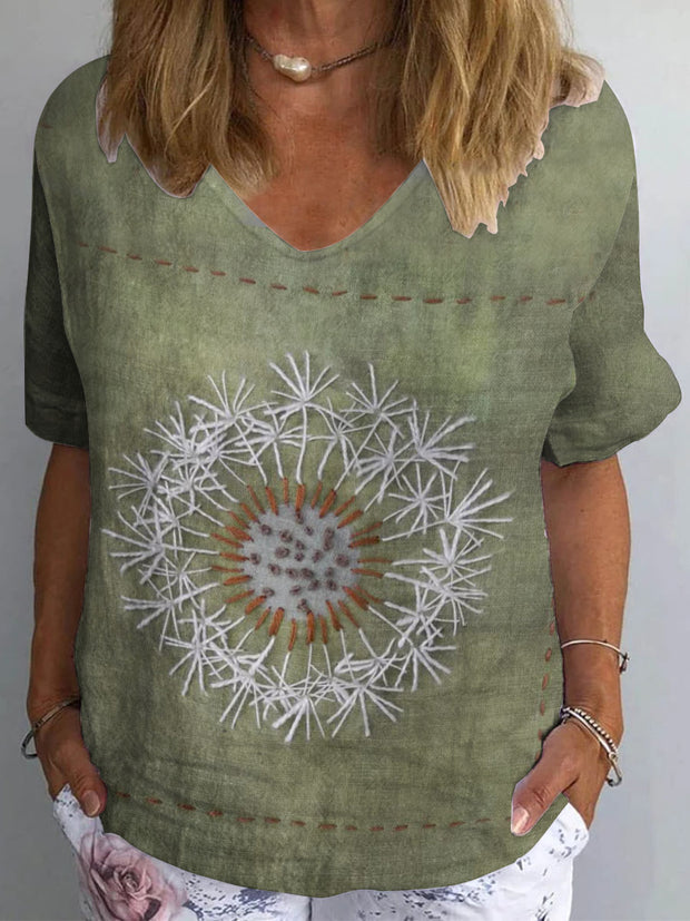 Women's Vintage Hippie Pattern Art Print Retro Cotton Linen V-Neck T-Shirt