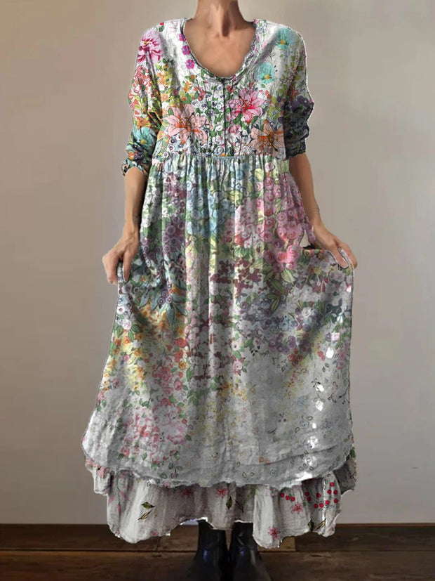 Vintage  Bohemian Floral Print Elegant Chic Loose Midi Dress