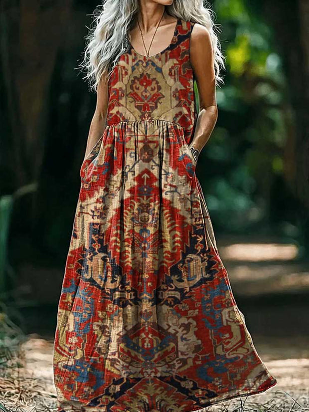 Vintage Round Neck Bohemian Ethnic Floral Print Elegant Chic Sleeveless Loose Midi Dress