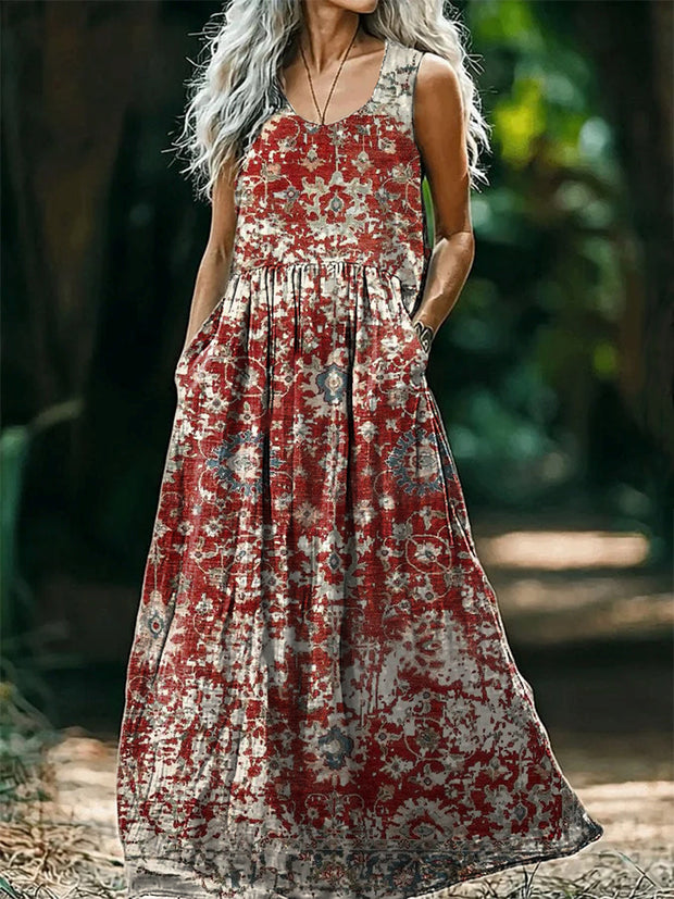 Vintage Round Neck Bohemian Ethnic Floral Print Elegant Chic Sleeveless Loose Midi Dress