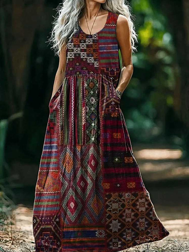 Vintage Round Neck Bohemian Ethnic Floral Print Elegant Chic Sleeveless Loose Midi Dress