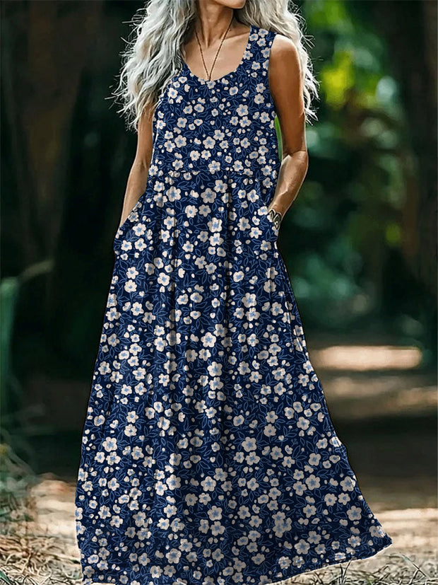 Vintage Round Neck Bohemian  Floral Print Elegant Chic Sleeveless Loose Midi Dress