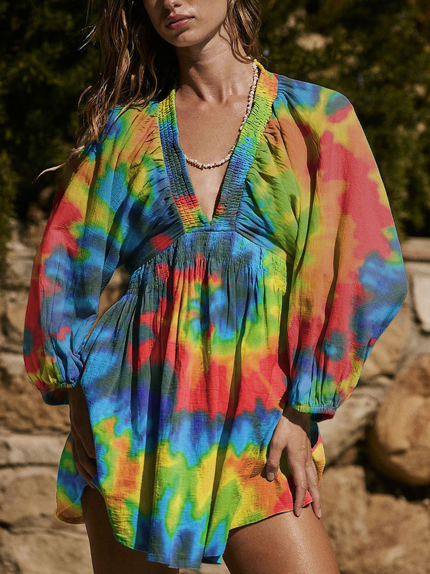 Women`s Bohemian Style Tie-Dye Print Cotton V-neck Mini Dress