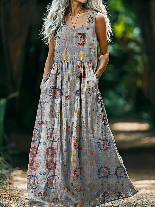 Vintage Round Neck Bohemian Ethnic Floral Print Elegant Chic Sleeveless Loose Midi Dress