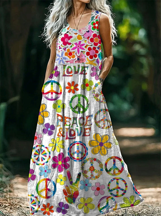 Vintage Round Neck Bohemian HippieFloral Print Elegant Chic Sleeveless Loose Midi Dress