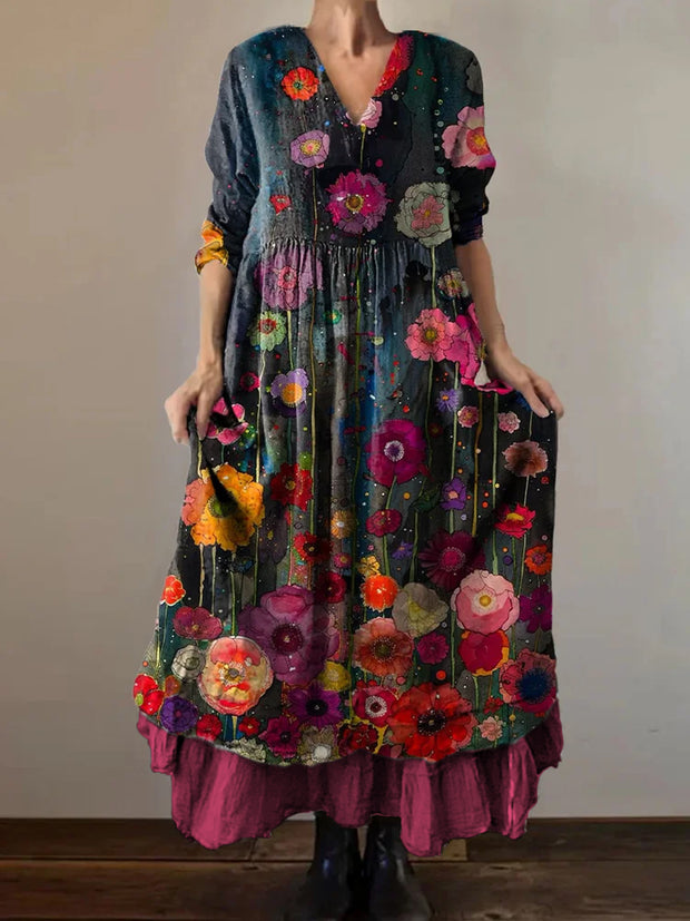 Retro Boho Floral Print Vintage V-Neck Double Hemline Cotton Long Sleeve Midi Dress