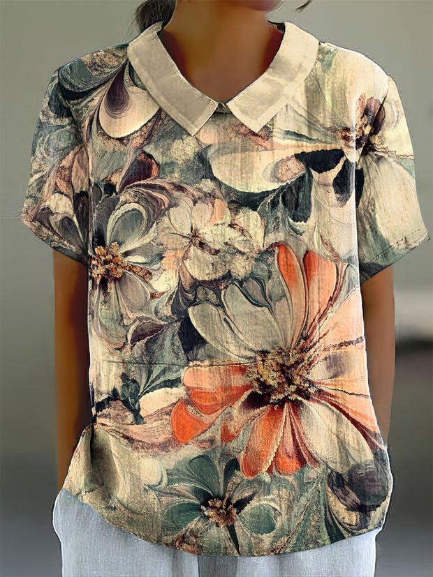 Women's Vintage Flowers Print Doll Collar Cotton Casual Shirt