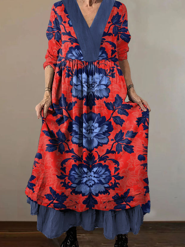 Women`s Vintage Peony Art Print Cotton V-neck Midi Dress