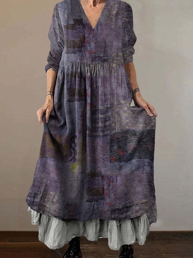 Women`s Vintage Ethnic Patchwork Art Print Cotton V-neck Midi Dress