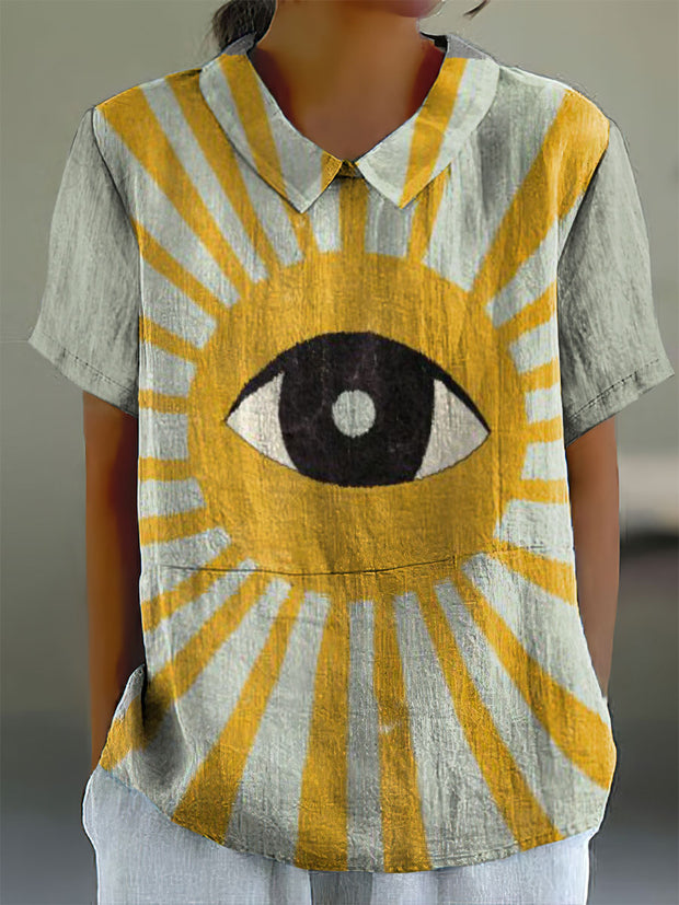 Women's Vintage All-Seeing Eye Print Doll Collar Cotton Casual Shirt