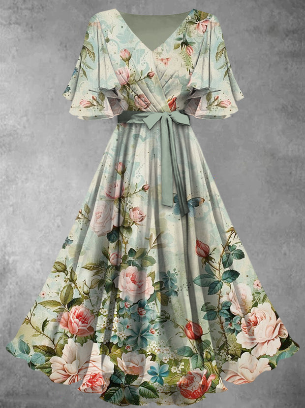 Retro Floral Art Printed V-Neck Vintage Strap Short Sleeve Midi Dress