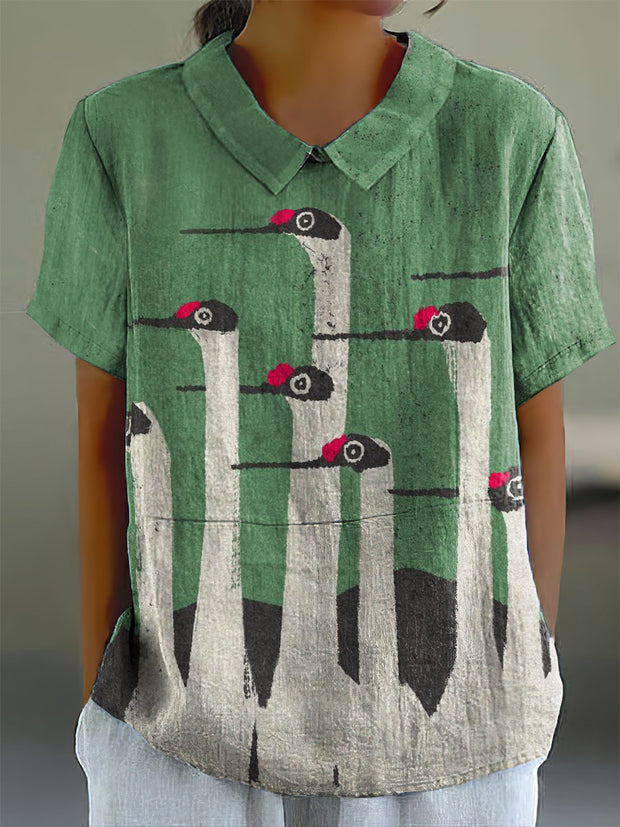 Women's Vintage Crane Print Doll Collar Cotton Casual Shirt