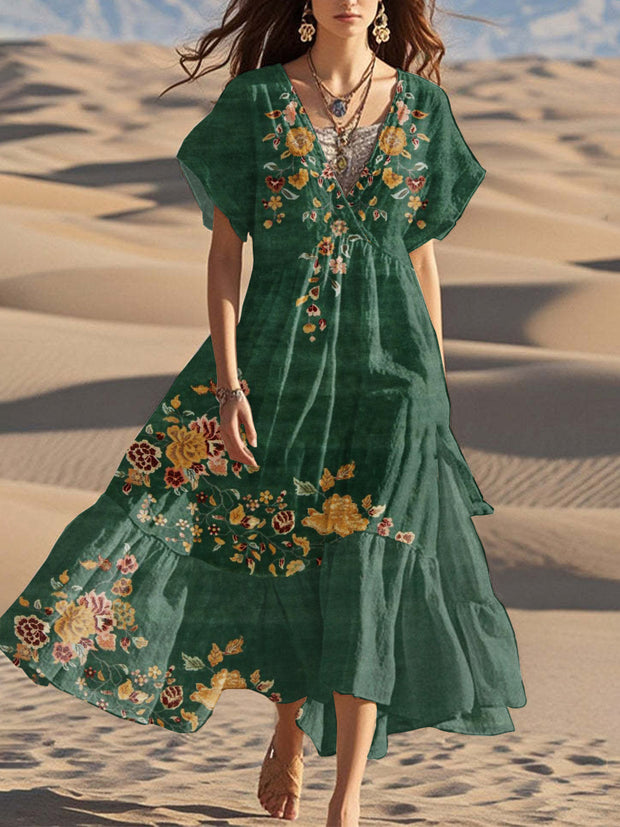 Fashion Modern Floral Art Print Casual V Neck Dress