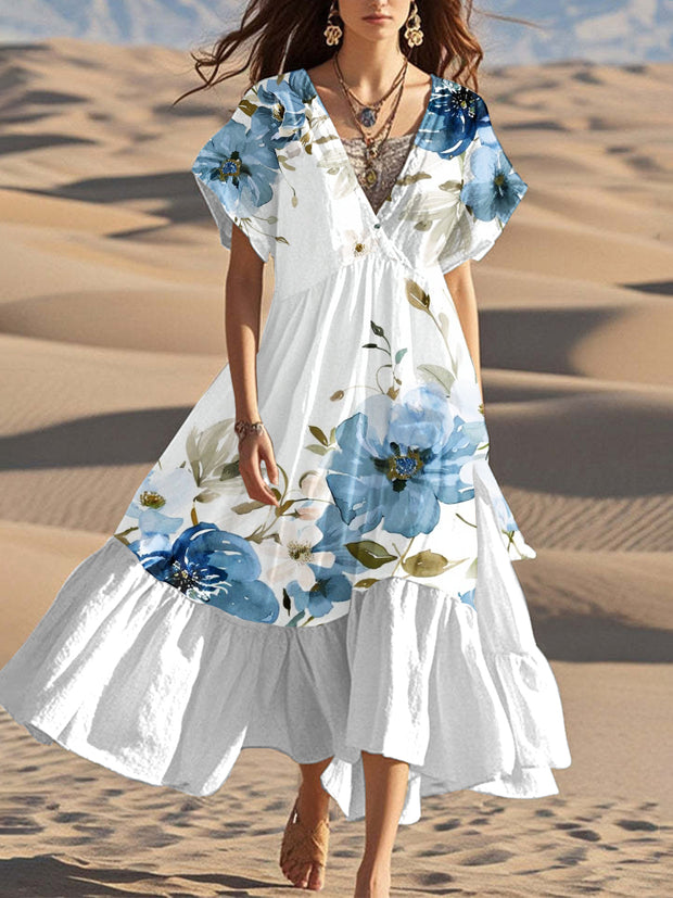 Fashion Modern Floral Art Print Casual V Neck Dress