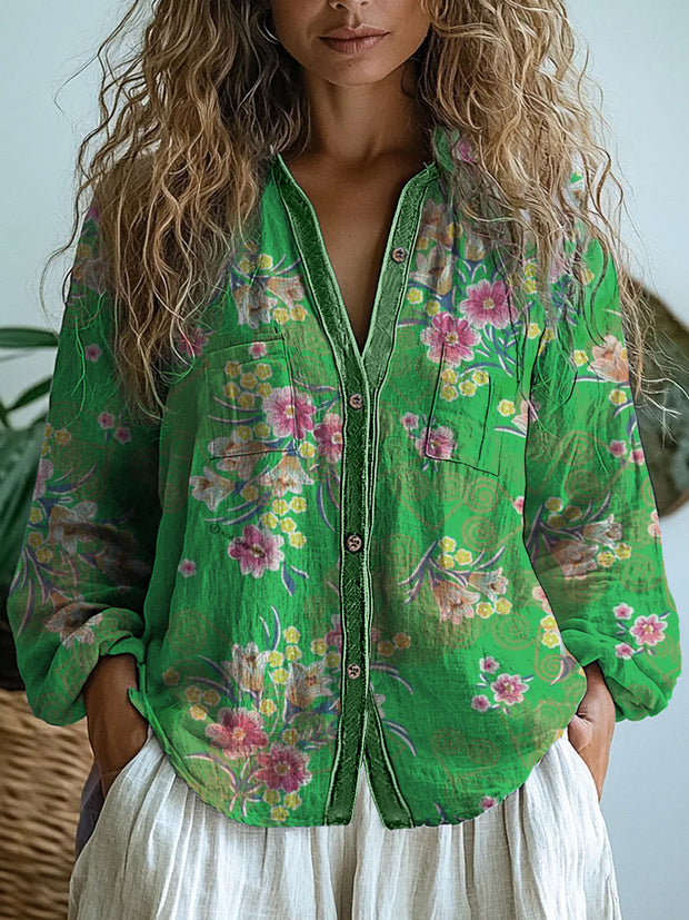 Retro Boho Floral Art Printed Vintage Chic V-Neck Button Pocket Cotton Long Sleeve Shirt