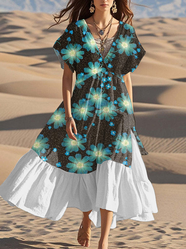 Fashion Modern Floral Art Print Casual V Neck Dress