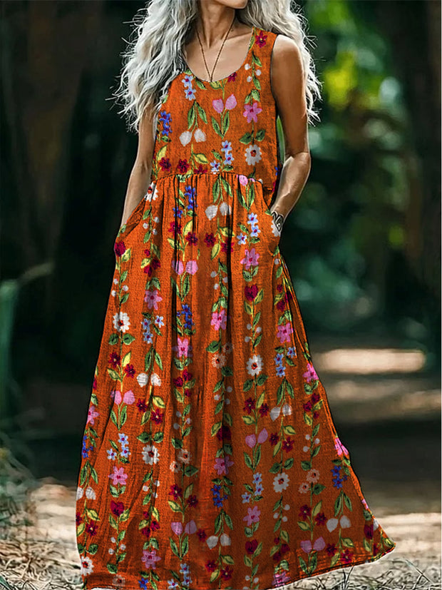 Retro Boho Floral Art Print Round Neck Sleeveless Cotton Pocket Dresses