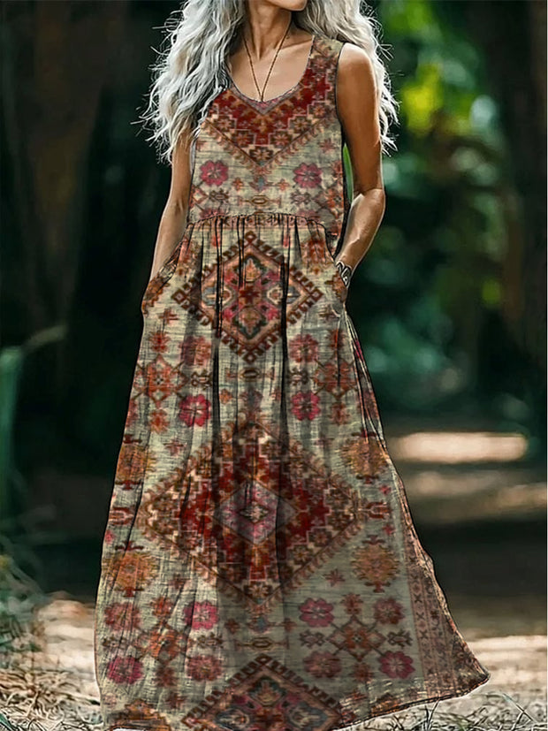 Retro Boho Floral Art Print Round Neck Sleeveless Cotton Pocket Dresses