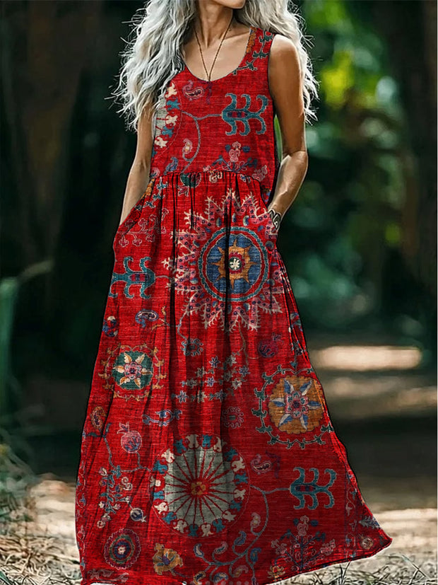 Retro Boho Floral Art Print Round Neck Sleeveless Cotton Pocket Dresses