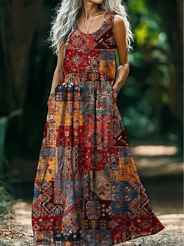 Retro Boho Floral Art Print Round Neck Sleeveless Cotton Pocket Dresses