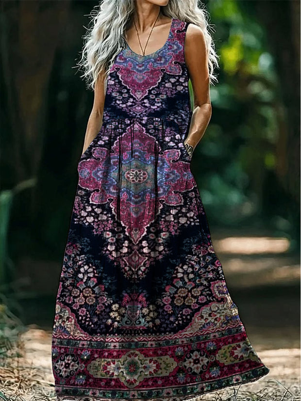 Retro Boho Floral Art Print Round Neck Sleeveless Cotton Pocket Dresses