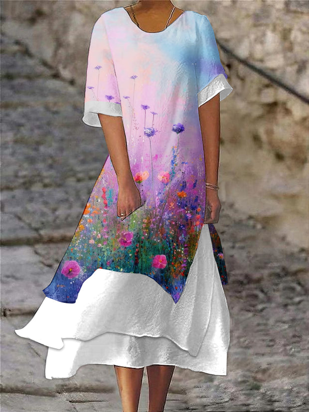 Stylish Modern Floral Art Print Casual Dress