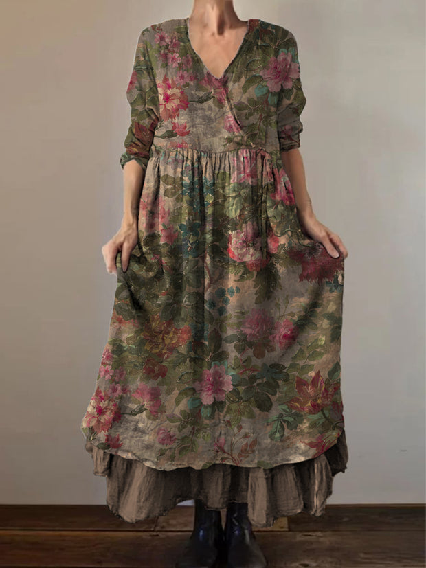 Retro Boho Floral Print Vintage V-Neck Double Hemline Cotton Long Sleeve Midi Dress