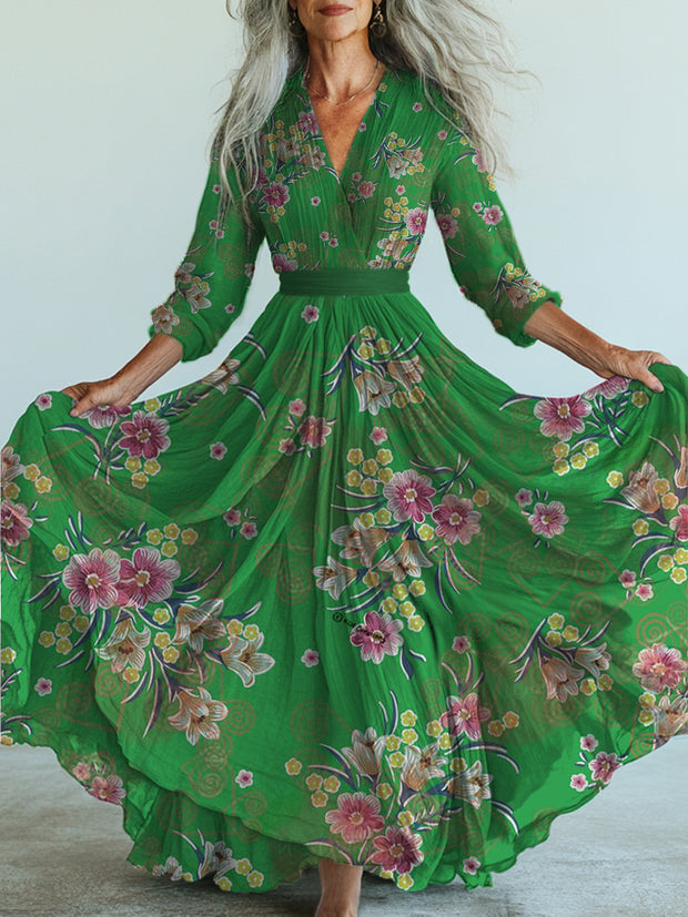 Retro Boho Floral Art Printed Vintage V-Neck Long Sleeves Midi Dress