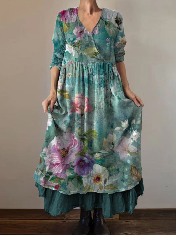 Retro Boho Floral Print Vintage V-Neck Double Hemline Cotton Long Sleeve Midi Dress