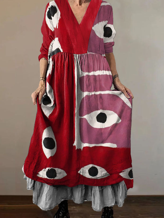 Women`s Abstract Eyes Boho Art Print Cotton V-neck Midi Dress