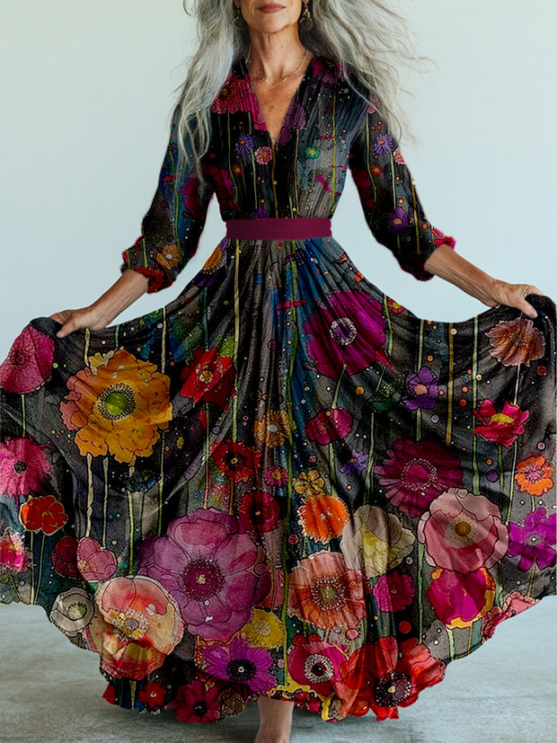 Retro Boho Floral Art Printed Vintage V-Neck Long Sleeves Midi Dress