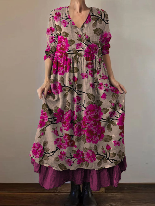 Retro Boho Floral Print Vintage V-Neck Double Hemline Cotton Long Sleeve Midi Dress